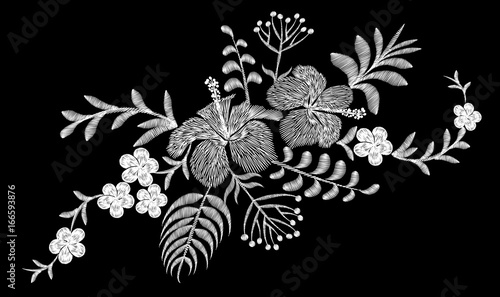 Tropical embroidery flower arrangement. Exotic plant blossom summer jungle. Fashion print textile patch. Hawaii hibiscus plumeria vector illustration