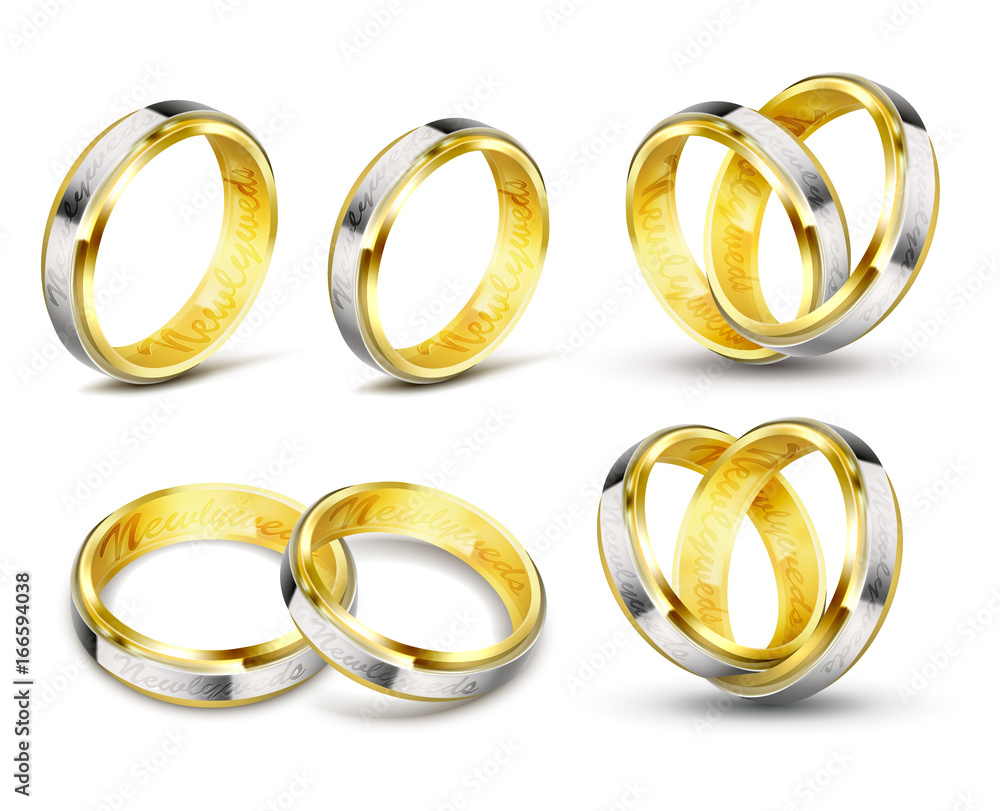 Set of realistic vector illustrations of gold wedding rings with elements of silver, platinum and engraving with shadow isolated on white. Print, template, design element Set of realistic vector illustrations of gold wedding rings with elements of silver, platinum and engraving with shadow isolated on white. Print, template, design element