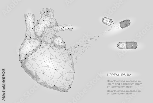 Human Heart Medicine Treatment Drug Internal Organ Triangle Low Poly. Connected dots white gray neutral color technology 3d model medicine healthy body part vector illustration