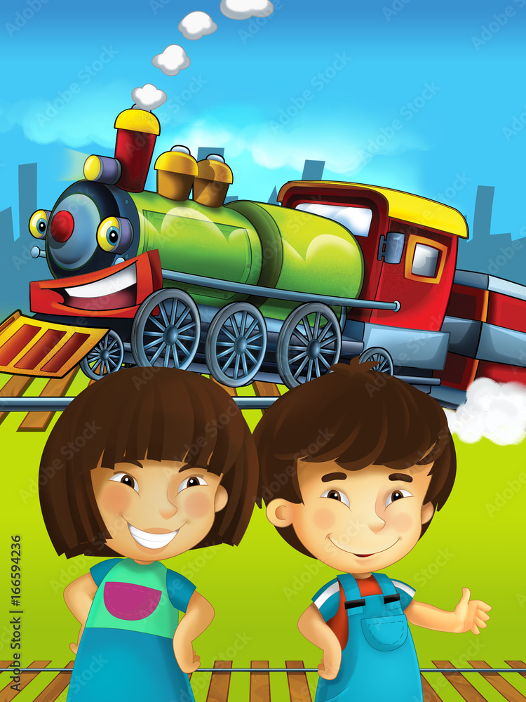 Cartoon train scene with happy kids having fun on the playground ...