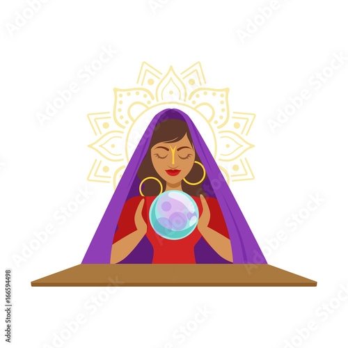 Fortune teller watching crystal ball, occult ritual vector Illustration