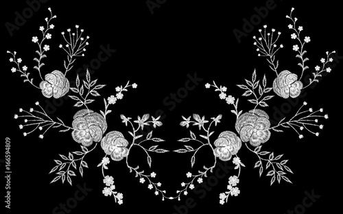 Embroidery white lace pancies floral reflection small branches wild herb with little blue violet field flower traditional folk fashion patch design neckline black background vector illustration