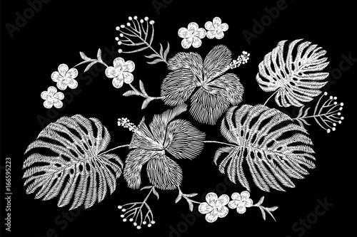 Tropical embroidery flower arrangement. Exotic plant blossom summer jungle. Fashion print textile patch. Hawaii hibiscus plumeria monstera vector illustration