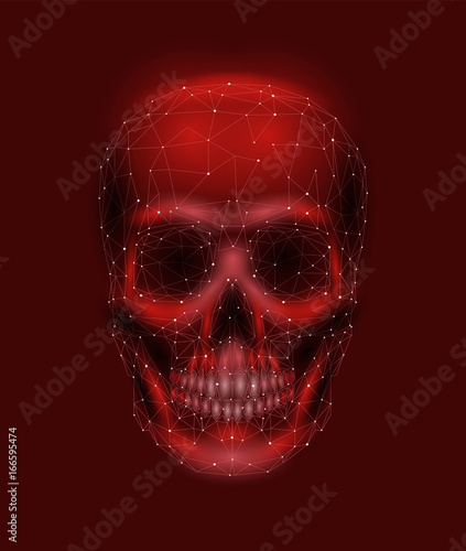 Scary human skull bone. Man head jaw eyes nose tooth. Low poly geometric connected dots triangle future technology design background red vector medicine illustration
