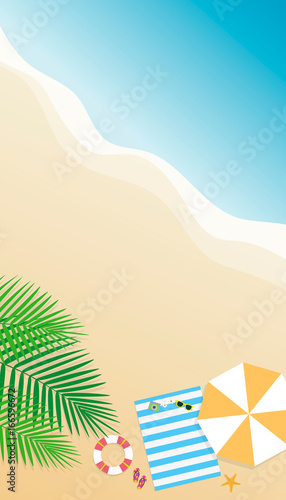 Summer background. Top view with sunglasses, starfish, flip flop, lifebuoy, flower and leaf on beach background. Season vacation, weekend. Vector Illustration.