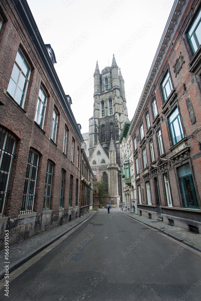 Street along the medieval architecture building in Ghent Belgium