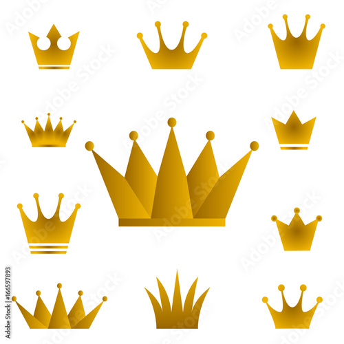 Golden crowns - set of vector gold crown symbols with golden gradient.