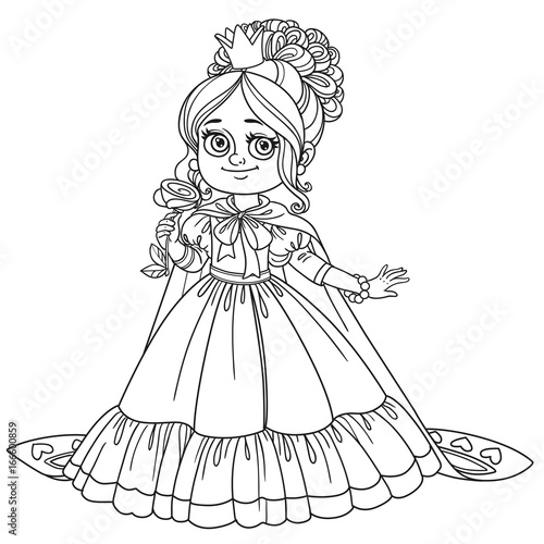 Beautiful princess with a flower in her hand and a long cloak outlined for coloring book isolated on white background
