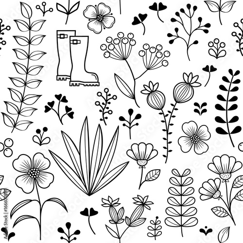 Botanical seamless pattern, hand drawn wild flowers and herbs design, wallpaper