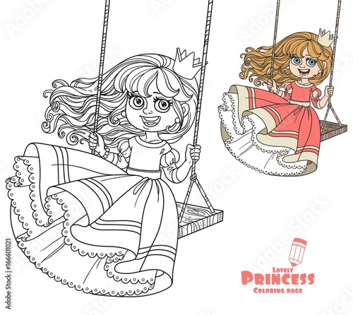 Beautiful princess riding on a swing  color and outlined picture for coloring book on white background