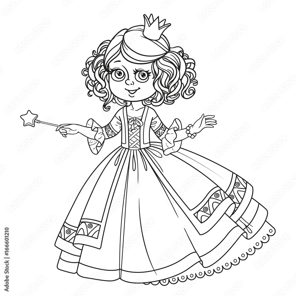 Beautiful little princess with magic wand outlined for coloring ...
