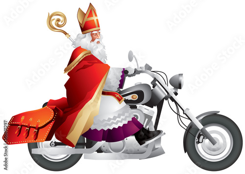 Heilige Nikolaus on a custom motorcycle, Sinterklaas on a chopper, bikers' modified bike. Winter holiday gift-giver based on Saint Nicholas, Santa Claus primary source realistic vector illustration