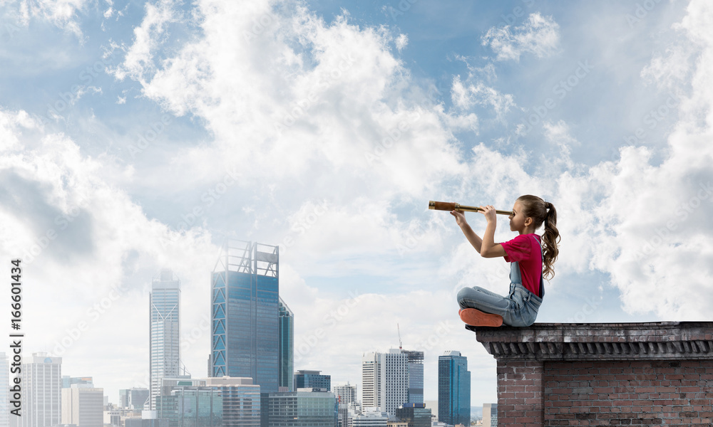 Concept of careless happy childhood with girl exploring this world Concept of careless happy childhood with girl exploring this world