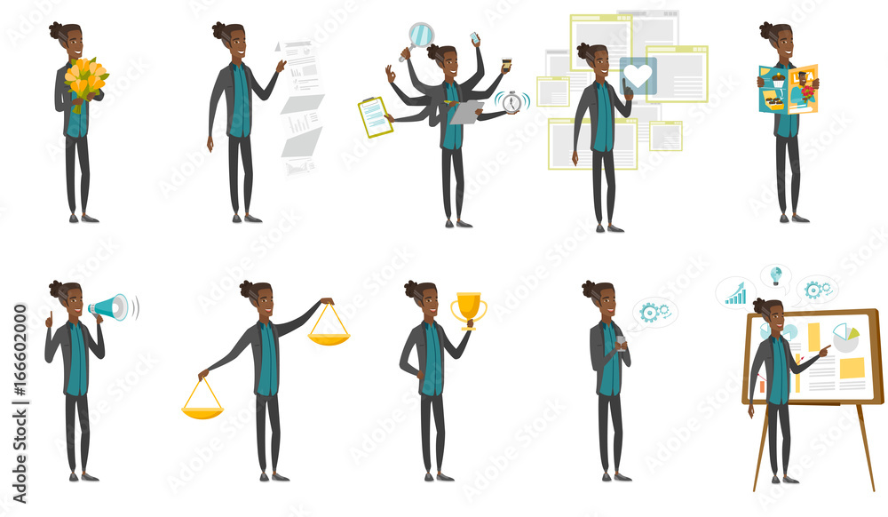 Young african-american businessman set. Businessman holding scales, magazine, using mobile phone, giving a presentation. Set of vector flat design cartoon illustrations isolated on white background.