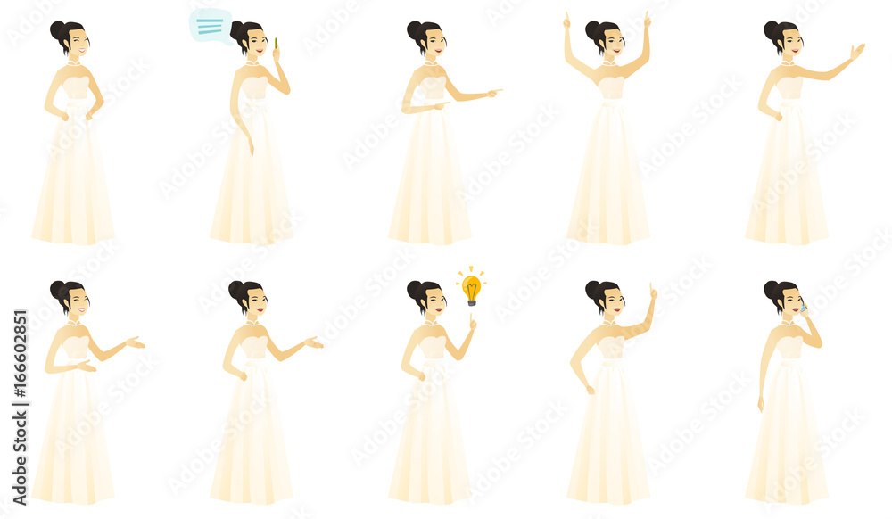 Young asian fiancee in a white dress laughing. Fiancee laughing with hands on her stomach. Happy fiancee laughing with closed eyes. Set of vector flat design illustrations isolated on white background