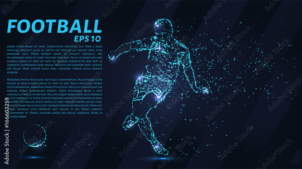 Football which consists of points. Particles in the form of a football player on dark background. Vector illustration. Graphic concept soccer