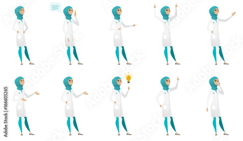 Young muslim doctor set. Doctor laughing, giving a speech, pointing to the side, standing with raised arms up, gesticulating. Set of vector flat design illustrations isolated on white background.