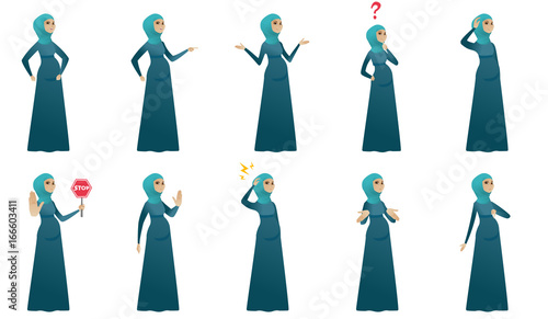 Young muslim pregnant woman set. Pregnant woman holding her hand on belly, standing under question mark, shrugging her shoulders. Set of vector flat design illustrations isolated on white background.