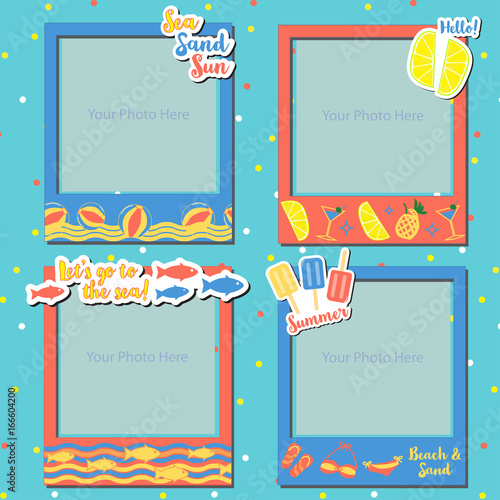 A set of hot Summer photo frames for scrapbook, gift, paper, card, craft items in pattern and bikini, sandals, ball, fish with orange, pink, yellow color and lemon, lime, on blue color background.