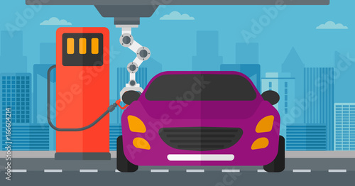 Robotic arm filling up fuel into the car at the gas station. Robotic arm refueling a car at the gas station. Robotic arm serving at the gas station. Vector flat design illustration. Horizontal layout.