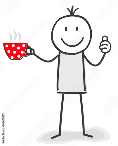 Figur mit Daumen hoch und Kaffee Tasse in der Hand