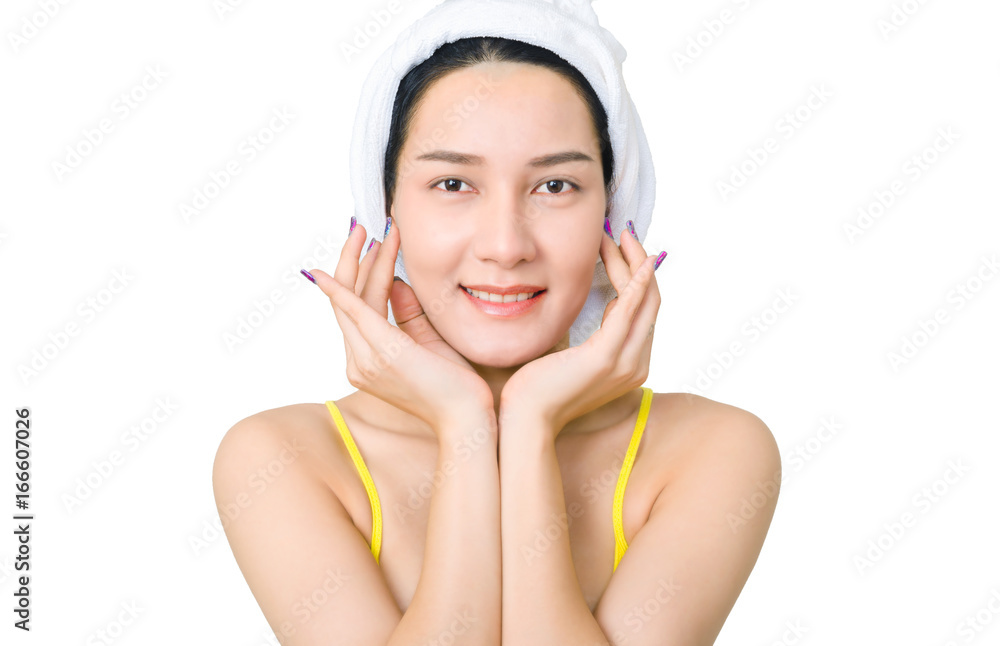 beautiful skin asian woman portrait with smile on white background, beautiful woman and spa concept. beautiful skin asian woman portrait with smile on white background, beautiful woman and spa concept.