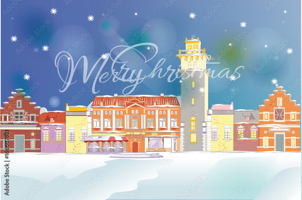 Christmas greeting card. Snow-covered street in the old city. Vector illustration.
