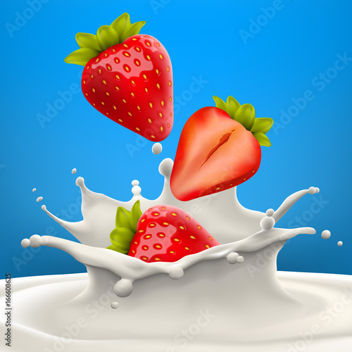 Strawberry in splashing milk or yogurt high quality vector realistic illustration for yogurt or milk product label and packaging design or advertising needs