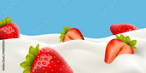 Strawberry in milk High quality vector realistic illustration for yogurt or milk product label and packaging design or advertising needs