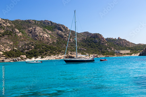 Archipelago of La Maddalena, Italy. Tourist boats and yachts in a picturesque bay