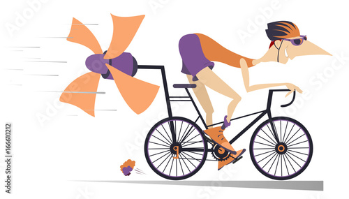 Cartoon man rides a bike isolated. Smiling man in helmet on the bike tries to ride faster using a propeller
