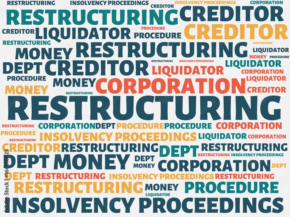 RESTRUCTURING - image with words associated with the topic INSOLVENCY, word, image, illustration RESTRUCTURING - image with words associated with the topic INSOLVENCY, word, image, illustration