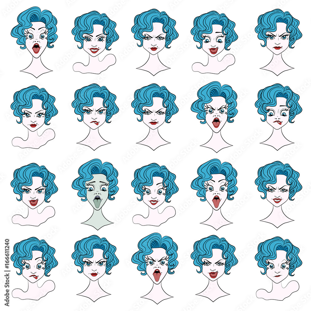 Set of blue-haired Girl emoticons Set of blue-haired Girl emoticons