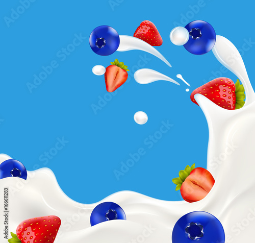 Splashing milk wave with strawberry and blueberry berries vector illustration for yogurt or milk product label and packaging design or advertising needs