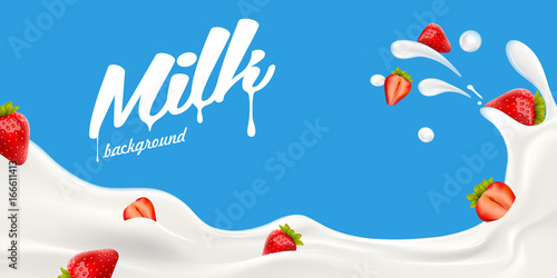 Splashing milk wave with strawberry berries vector illustration for yogurt or milk product label and packaging design or advertising needs