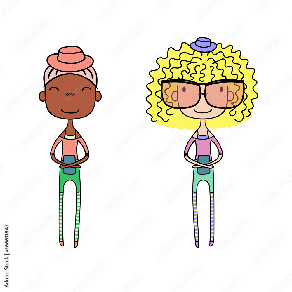 Hand drawn vector illustration of two cute trendy girls with different hair, skin colors, in t-shirts, leggings, shorts, holding books.