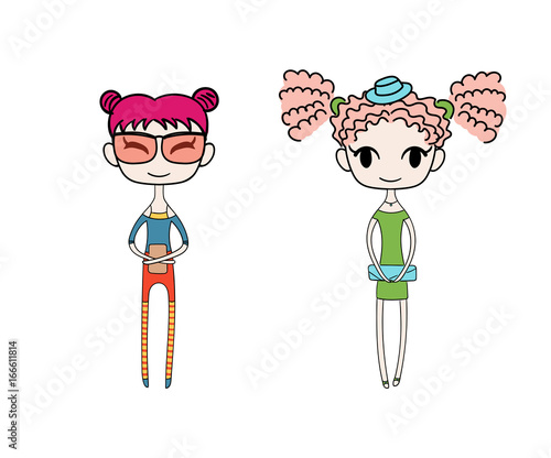 Hand drawn vector illustration of two kawaii trendy girls with different hair, in cute dress with a clutch, t-shirt, leggings, shorts.