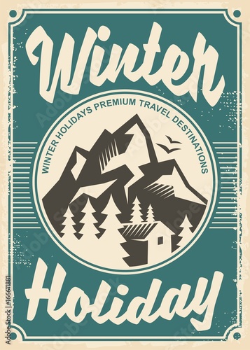 Winter holidays travel destinations, retro poster design on old paper texture