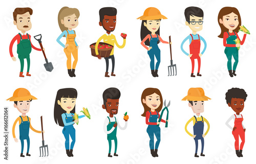 Happy farmer in summer hat standing with a pitchfork. Caucasian farmer holding a pitchfork. Young farmer working with a pitchfork. Set of vector flat design illustrations isolated on white background.