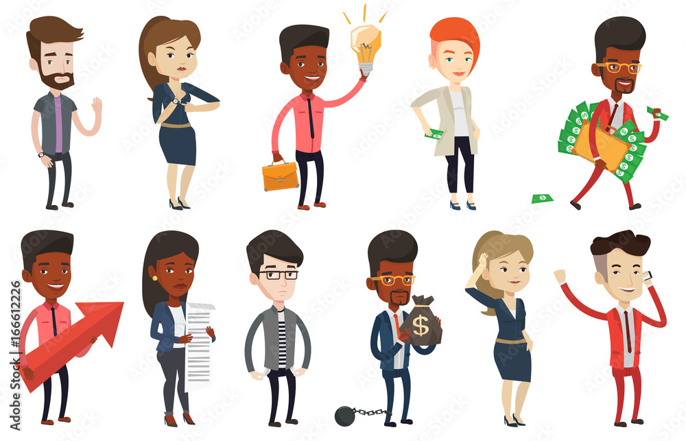Angry caucasian employer pointing at wrist watch. Boss checking time of coming of latecomer employee. Concept of late to work. Set of vector flat design illustrations isolated on white background. Angry caucasian employer pointing at wrist watch. Boss checking time of coming of latecomer employee. Concept of late to work. Set of vector flat design illustrations isolated on white background.
