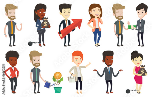 Caucasian businessman pointing finger up because he came up with business idea. Man having business idea. Business idea concept. Set of vector flat design illustrations isolated on white background.
