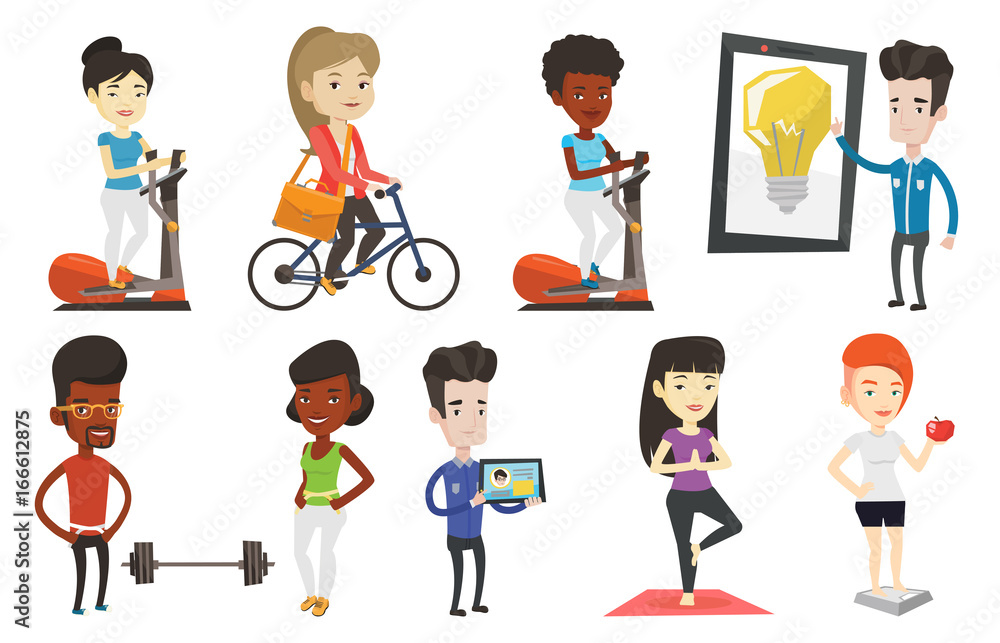 Young business woman riding a bicycle to work. Caucasian business woman with briefcase riding a bike. Healthy lifestyle concept. Set of vector flat design illustrations isolated on white background.