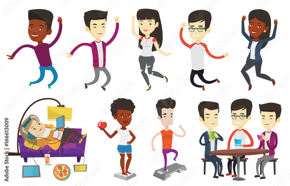 Caucasian overweight woman relaxing on a sofa with many gadgets. Overweight woman lying on a sofa and using many gadgets at home. Set of vector flat design illustrations isolated on white background. Caucasian overweight woman relaxing on a sofa with many gadgets. Overweight woman lying on a sofa and using many gadgets at home. Set of vector flat design illustrations isolated on white background.