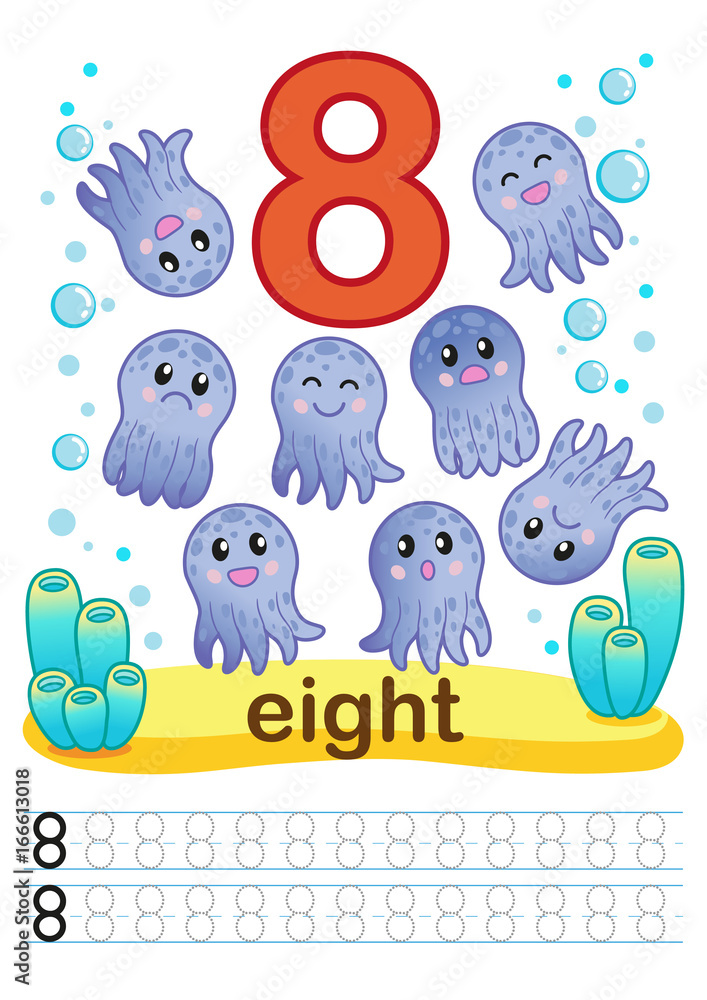 printable worksheet for kindergarten and preschool we train to write numbers math exercises bright figures on a marine background with cute marine life number 8 and octopuses stock illustration adobe stock