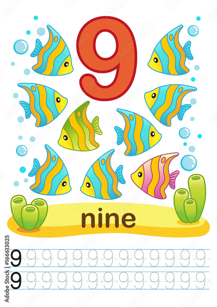 Printable worksheet for kindergarten and preschool. We train to write numbers. Math exercises. Bright figures on a marine background with cute marine life. Number 9 and tropical fishes Printable worksheet for kindergarten and preschool. We train to write numbers. Math exercises. Bright figures on a marine background with cute marine life. Number 9 and tropical fishes