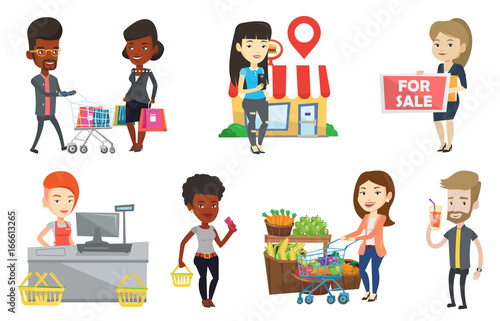 Cashier standing at the checkout in supermarket. Cashier working at checkout in a supermarket. Cashier standing near cash register. Set of vector flat design illustrations isolated on white background