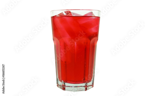 Strawberry favour soft drink in clear glass isolated on white background