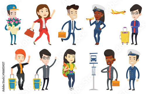 Airplane passenger frightened by future flight. Young man suffering from fear of flying. Terrified passenger waiting for a flight. Set of vector flat design illustrations isolated on white background.