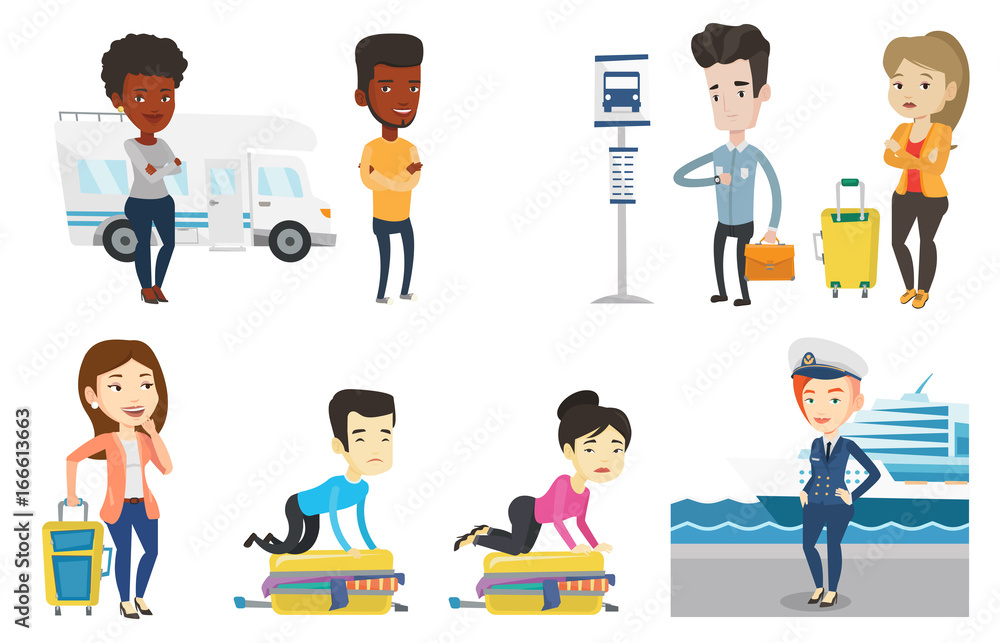 Confident african-american woman standing with crossed arms on the background of motor home. Young woman travelling in motor home. Set of vector flat design illustrations isolated on white background. Confident african-american woman standing with crossed arms on the background of motor home. Young woman travelling in motor home. Set of vector flat design illustrations isolated on white background.