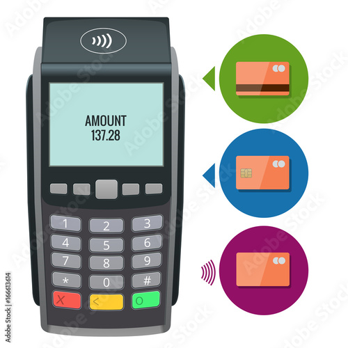 Vector payment machine and credit card. POS terminal confirms the payment by debit credit card, invoce. Vector illustration in flat design. NFC payments concept